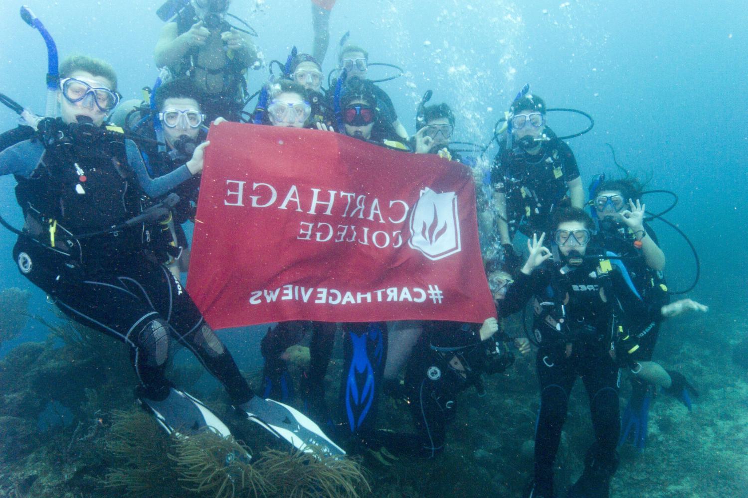 学生们手持<a href='http://tau.ngskmc-eis.net'>bv伟德ios下载</a>旗帜，在j学期洪都拉斯游学之旅中潜水.